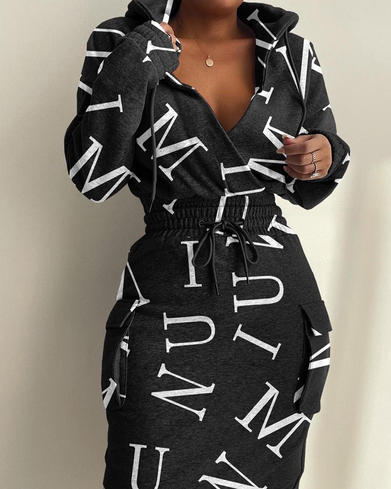 

Drawstring Letter Print Hooded Sweatshirt Dress, Black