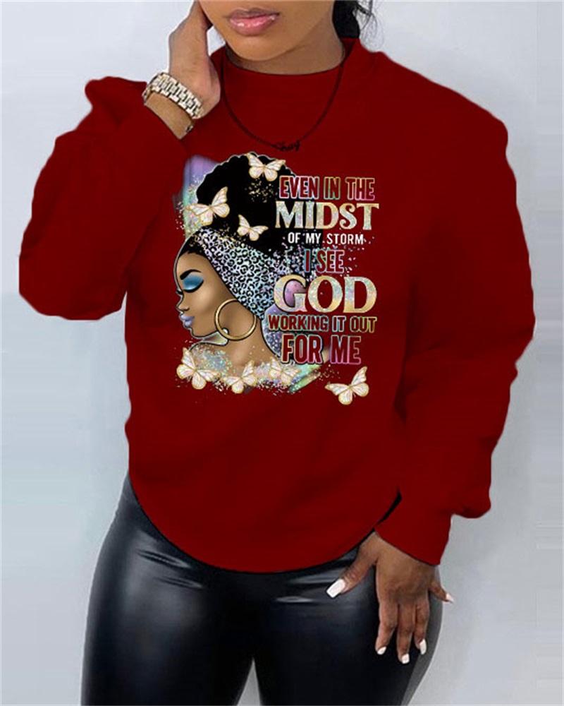 

Figure Letter Butterfly Print Long Sleeve Sweatshirt, Wine red