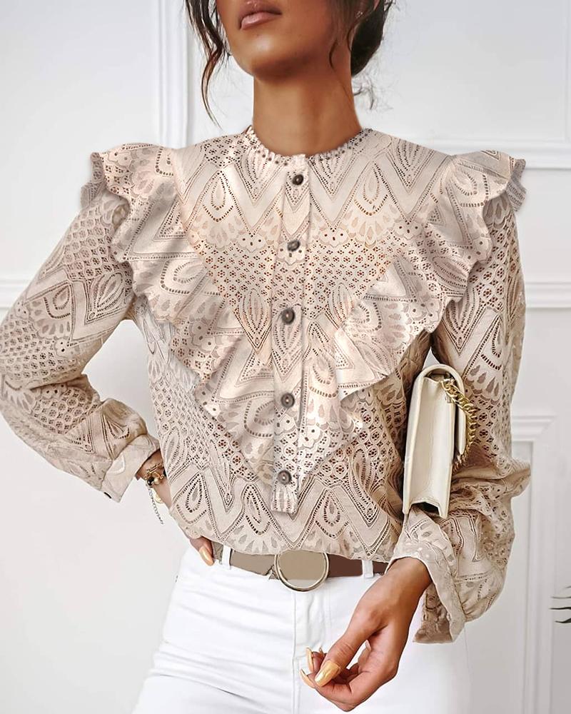 

Lace Ruffles Hollow Out Casual Top, Nude