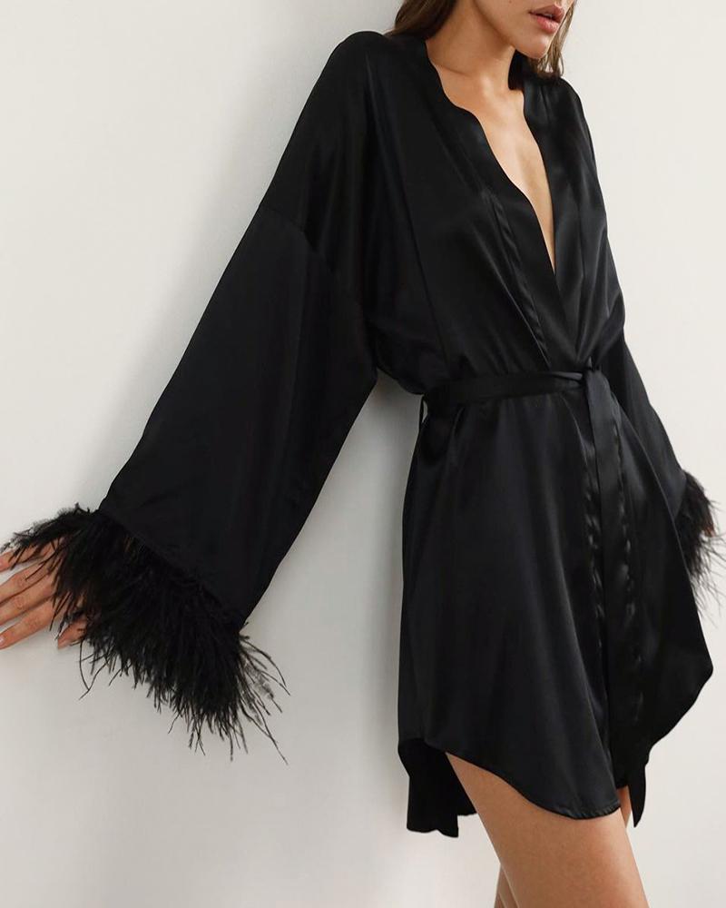 

Feather Decor Open Front Tied Detail Robe, Black