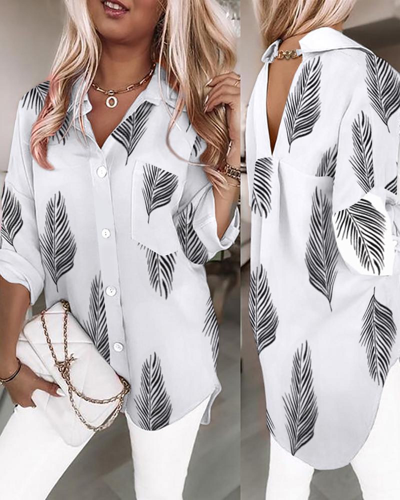 

Leaf Print Chain Decor Buttoned Shirt, White