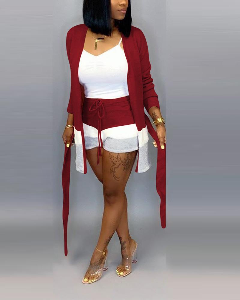 

Colorblock Open Front Tied Rib-knit Cardigan & Shorts Set, Wine red