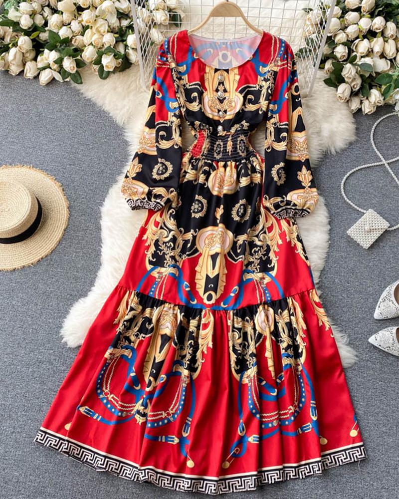 

Baroque Print Geo Trim Long Sleeve Maxi Dress, Red