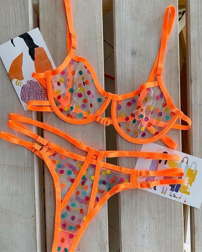 

See-through Mesh Splicing Polka Dot Print Sling Bra Sets, Orange