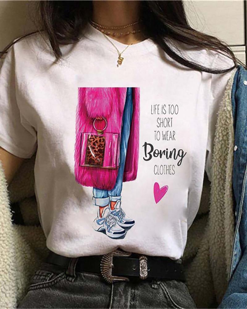 

Figure Graphic Letter Print Short Sleeve Casual T-shirt, Style8