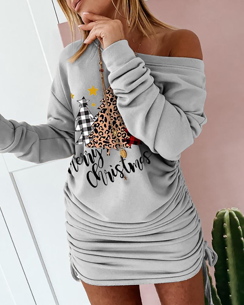 

Christmas Tree Letter Print Drawstring Sweatshirt Dress, Gray
