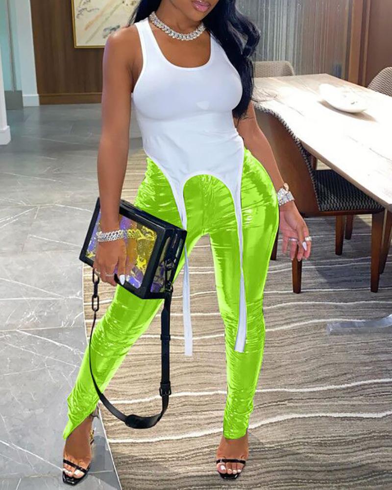

Slit High Waist PU Leather Pants, Green