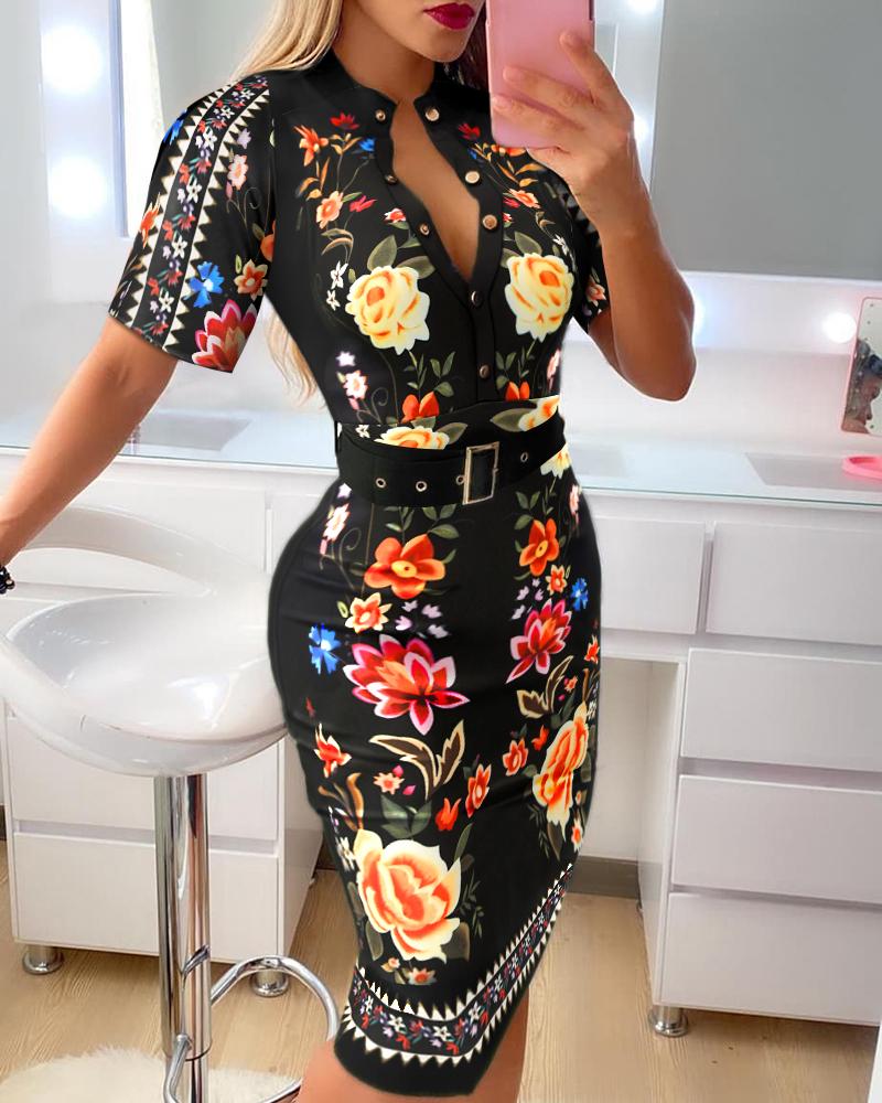 

Floral Print Knit Short Sleeve Button Design Skinny Dress With Belt, Black