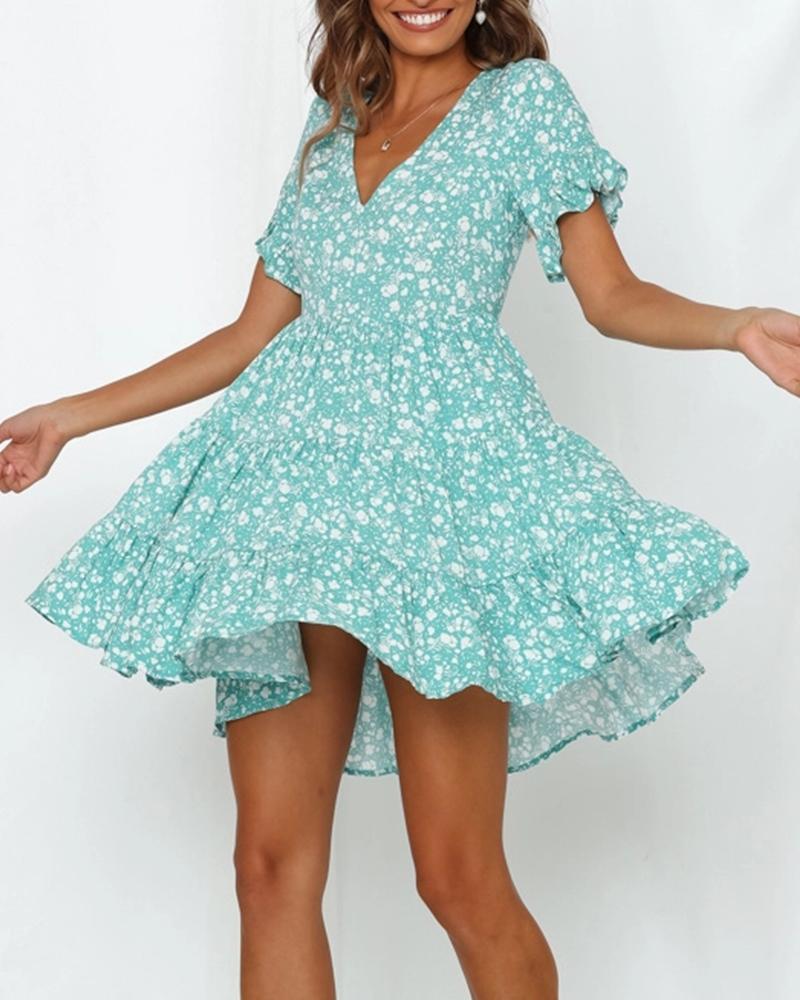 

Ditsy Floral Dot V-Neck Mini Dress, Blue