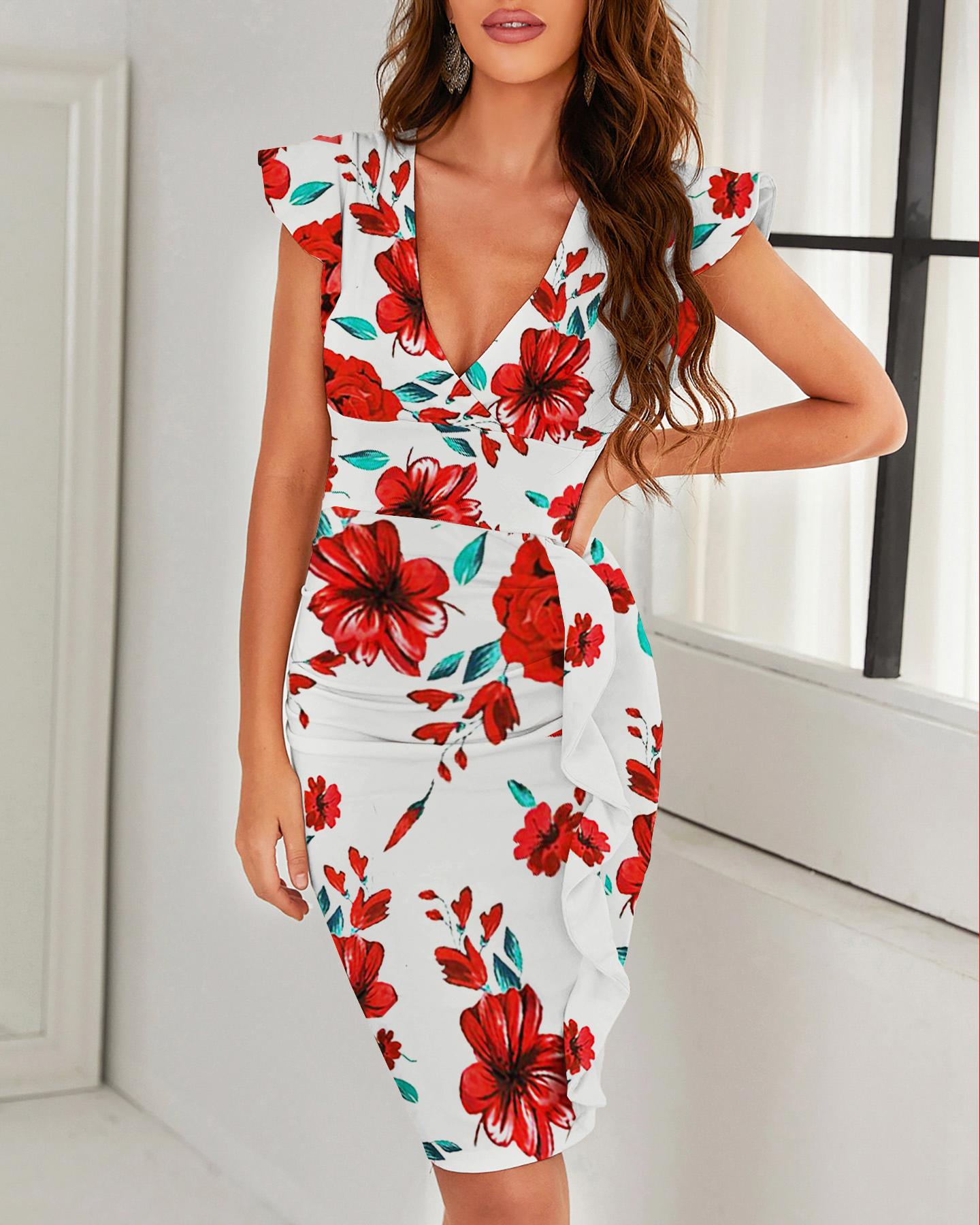 Ruffle Hem Ruched Floral Bodycon Dress