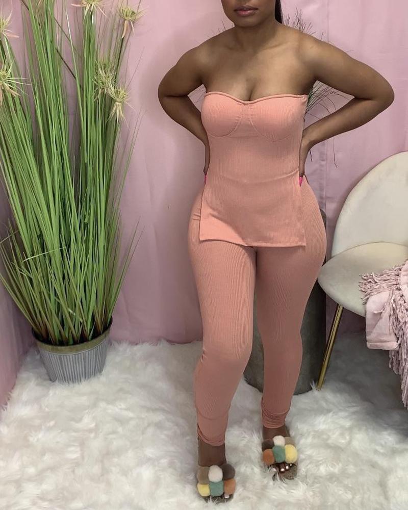 

Plain Blouse & Slit Pit Pants 2 PCS Set, Pink