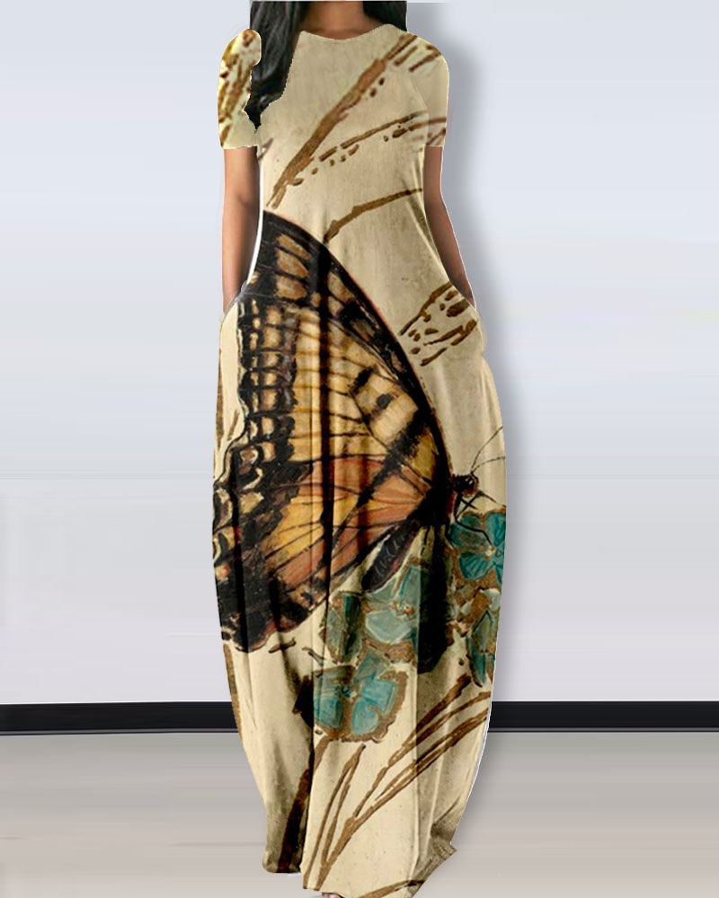 

Butterfly Print Pocket Design Maxi Dress, Khaki