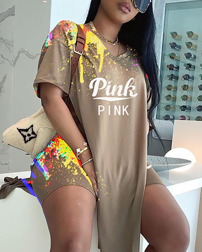 

Letter Splash Ink Print Short Sleeve Top & Shorts Set, Khaki