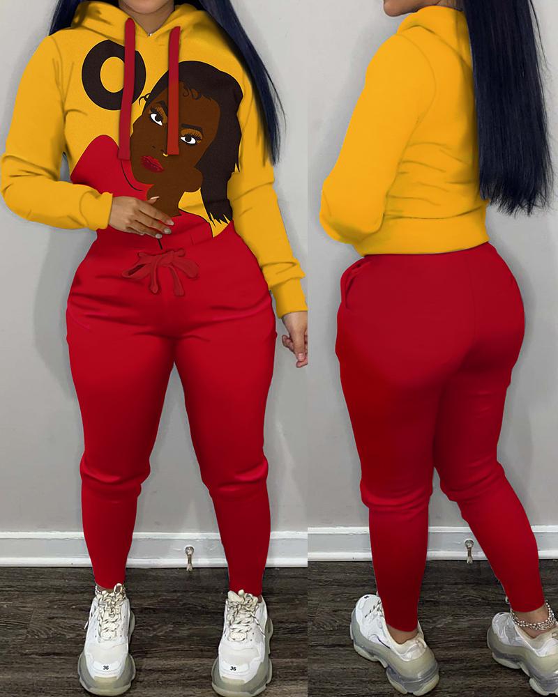 

Figure Print Long Sleeve Hoodie & Drawstring Pants Set, Red