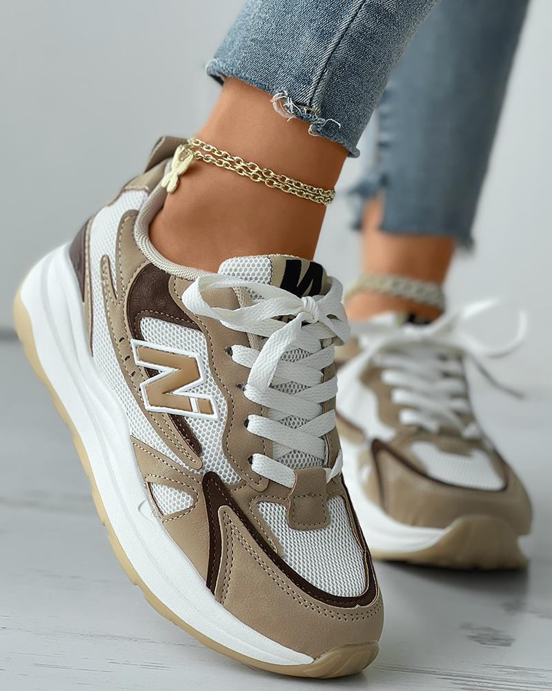 

Contrast Paneled Lace-up Muffin Sneakers, Khaki