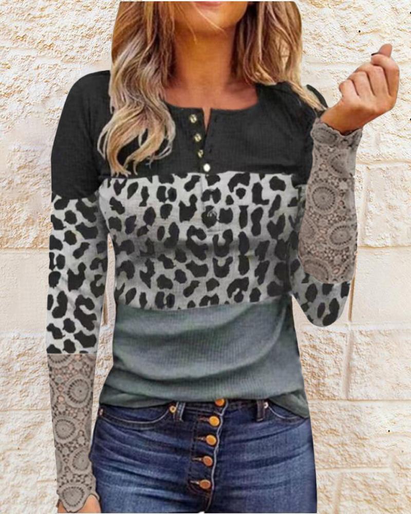 

Leopard Print Colorblock Contrast Lace Long Sleeve Top, Gray