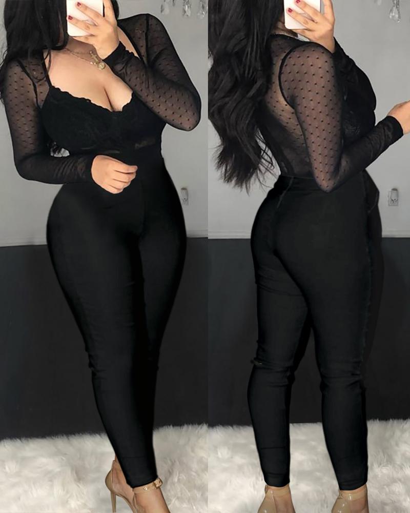 

Dot Sheer Mesh Long Sleeve Fitted Jumpsuit, Black