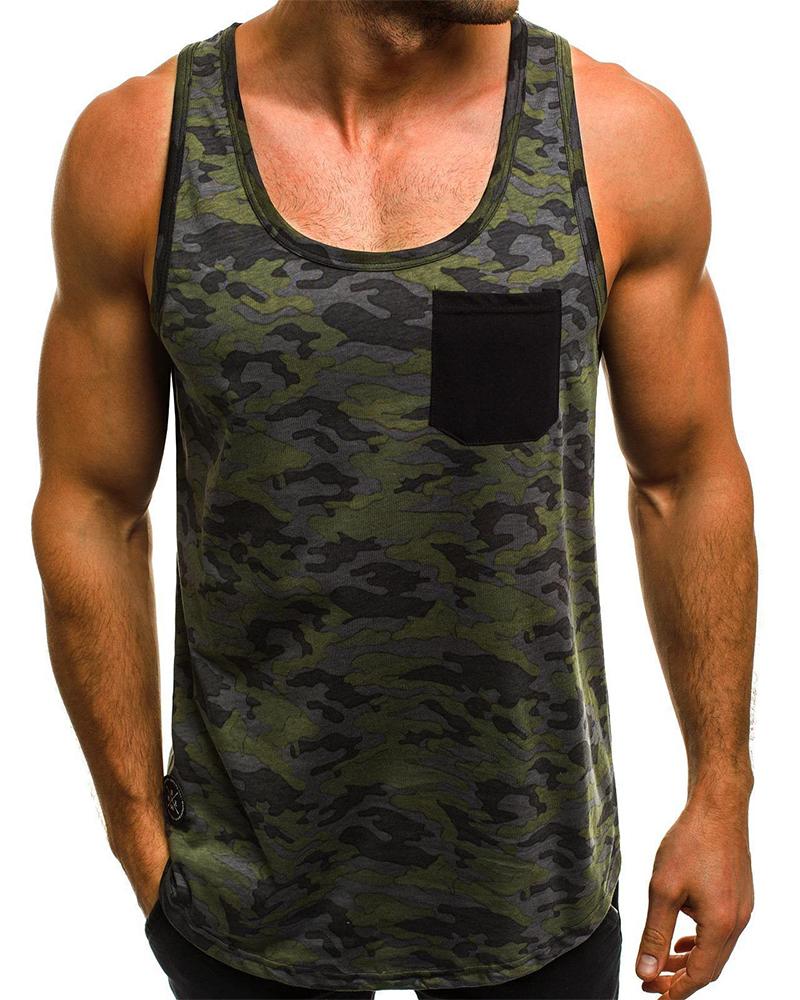 

Multicolor Camouflage Print Sleeveless Loose Tanks, Green