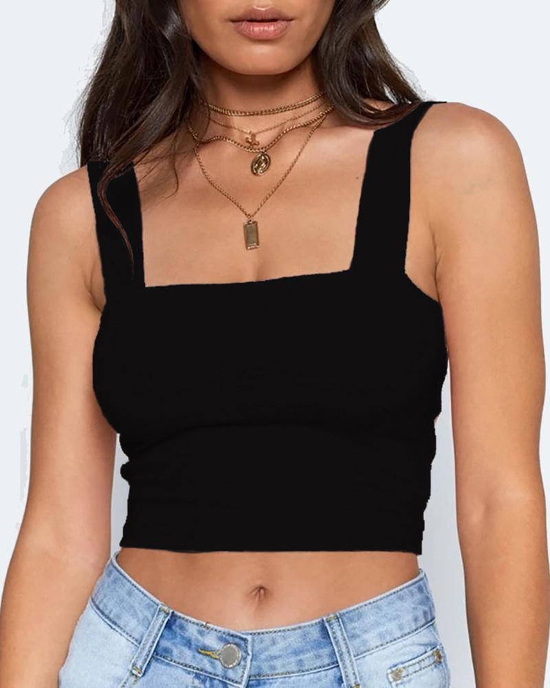 

Thick Strap Square Neck Plain Crop Top, Black