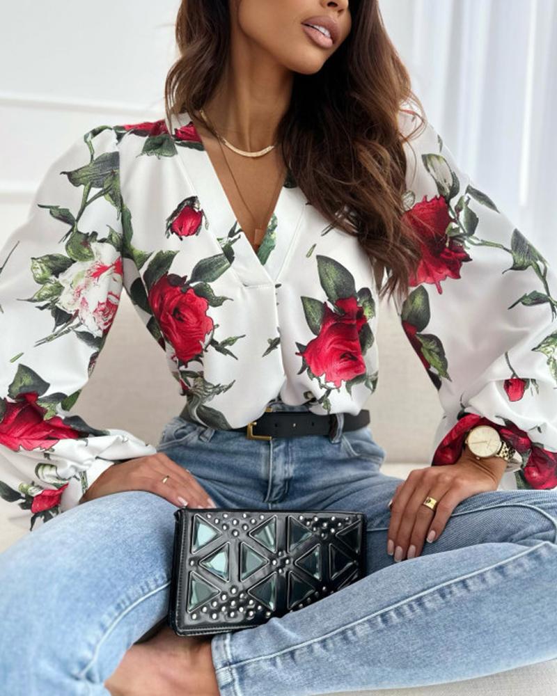 

Floral Print Puff Sleeve Top, White