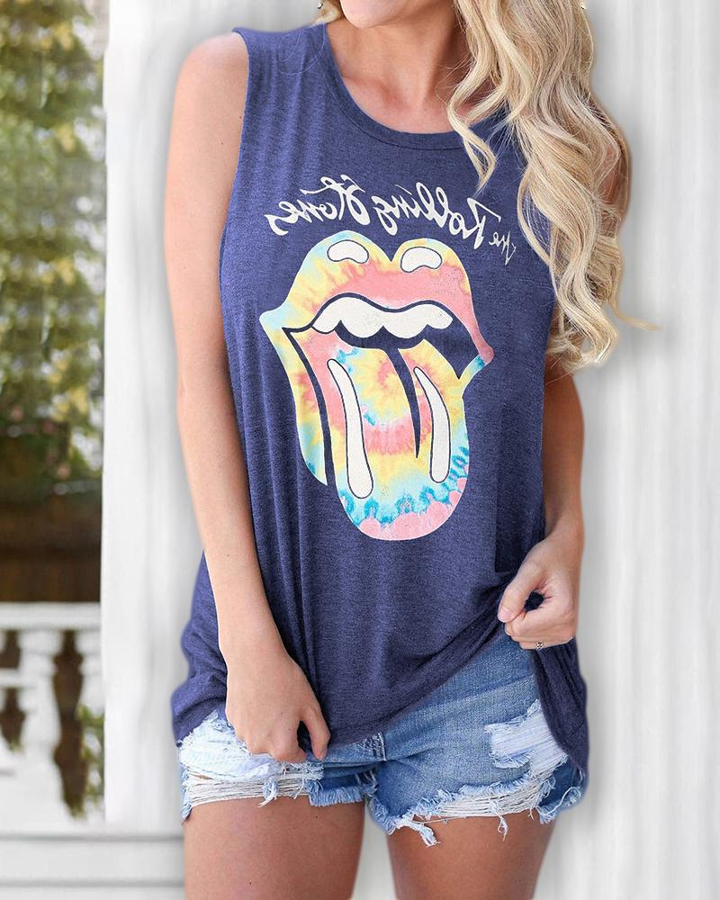 

Letter/Lip/Tie Dye Print Casual Tank Women Top, Blue