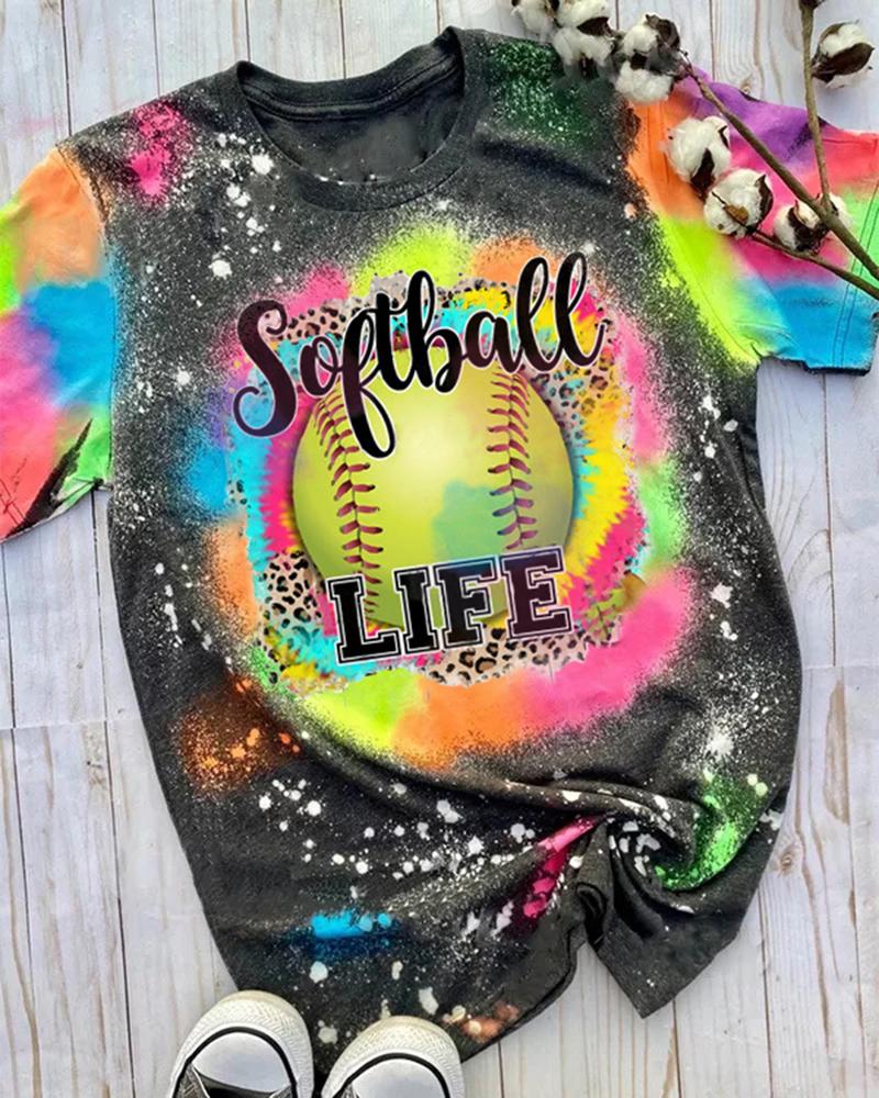 

Baseball Letter Tie Dye Print Crew Neck Graphic Tee Fashion Street Summer T-Shirt, Green