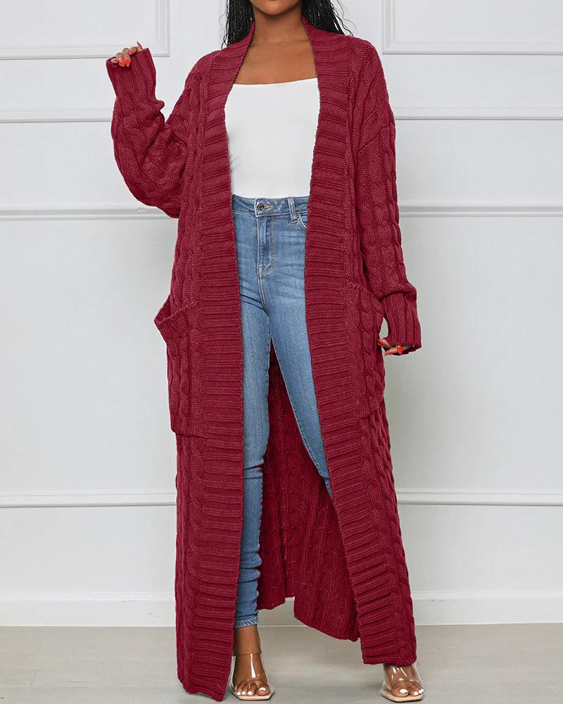 

Pocket Design Cable Longline Knit Cardigan, Dark red