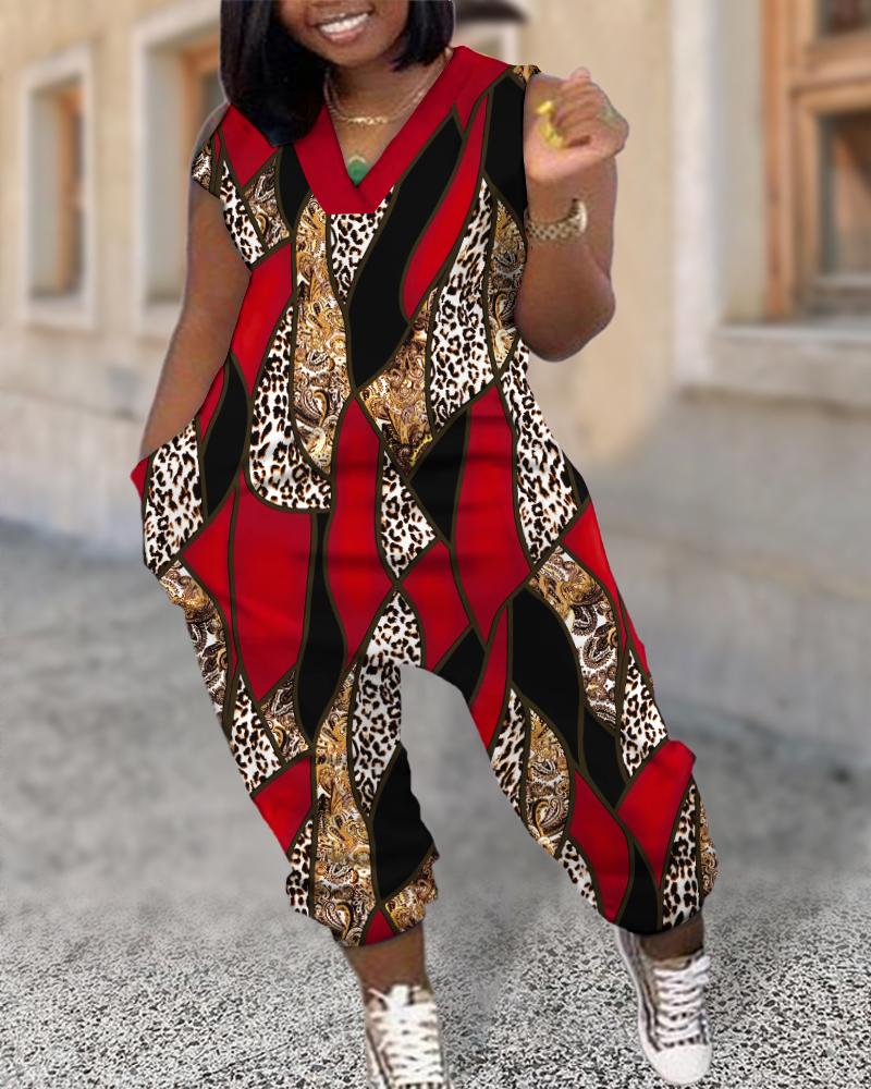 

Plus Size Baroque Leopard Print Pocket Design Jumpsuit, Red