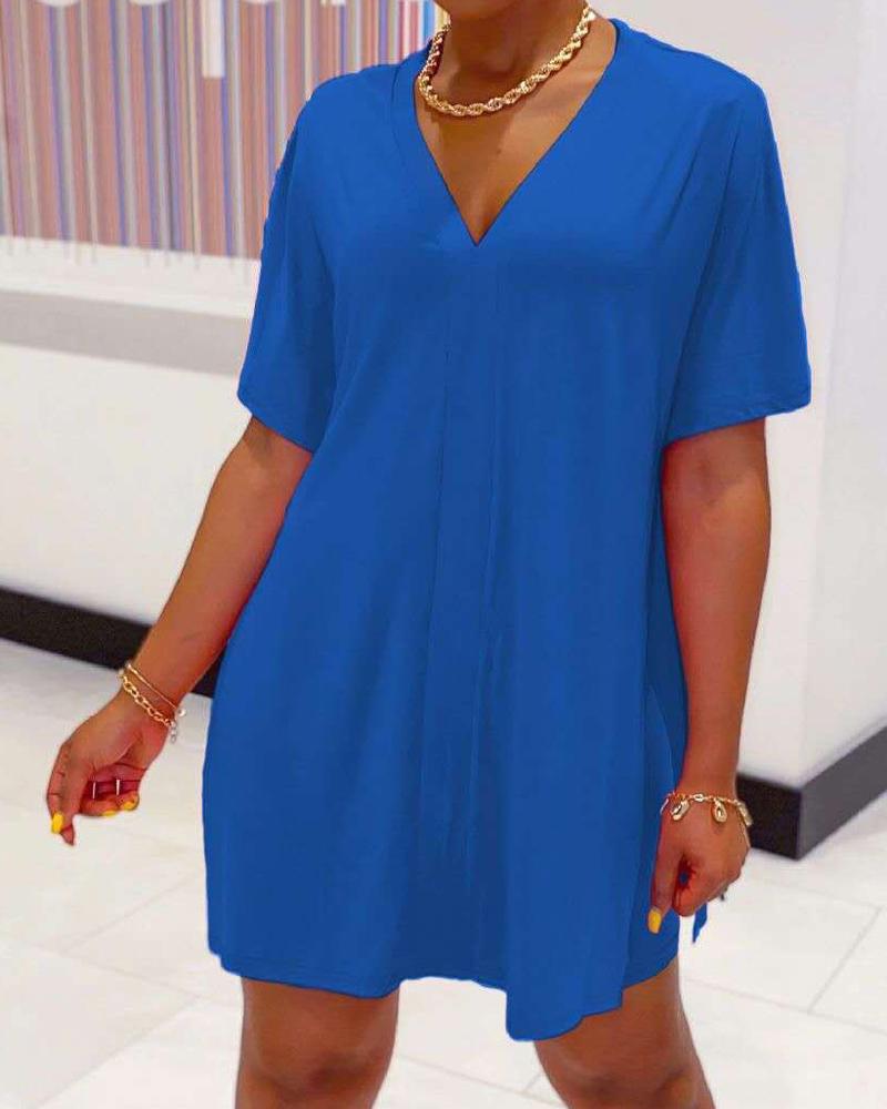 

Plus Size Batwing Sleeve Split Hem Top & Shorts Set, Blue