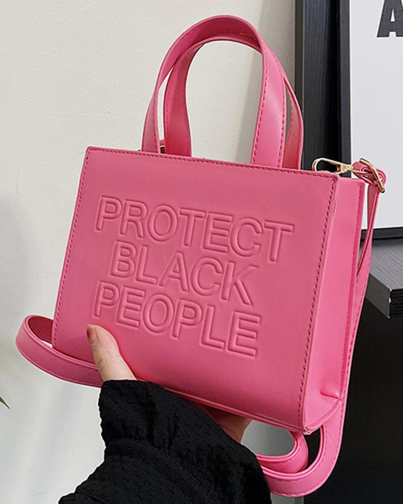 

Letter Embossed Top Handle Crossbody Tote Bag, Hot pink