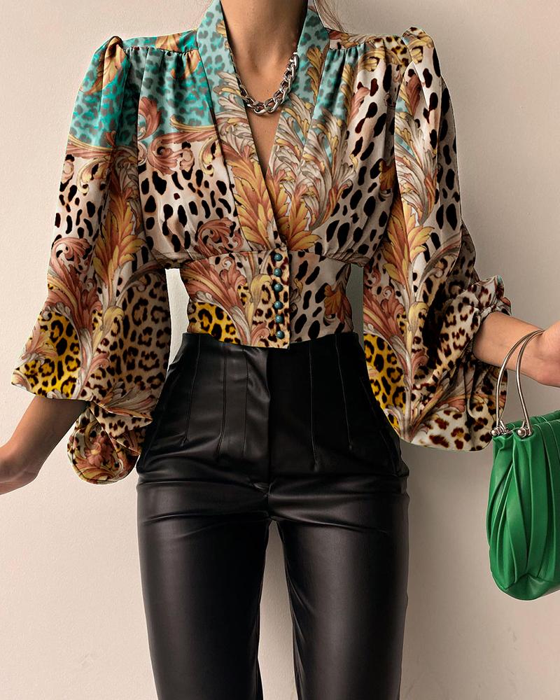 

Cheetah Baroque Print Puff Lantern Sleeve Top, Coffee