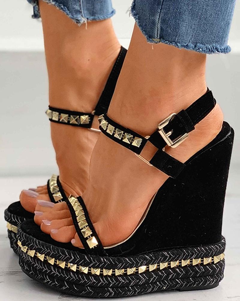 

Rivet Open Toe Espadrille Wedge Sandals, Black