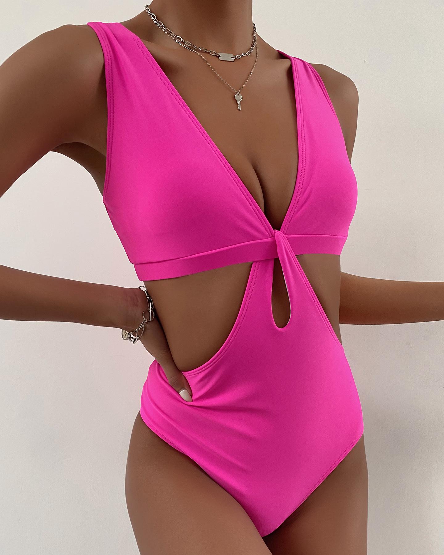 

Cutout Waist V-Neck One Piece Swimsuit, Hot pink