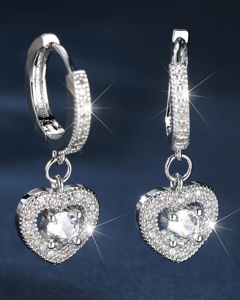 

1Pair Rhinestone Hollow Heart Pendant Hoop Earrings Wedding Jewelry, Silver