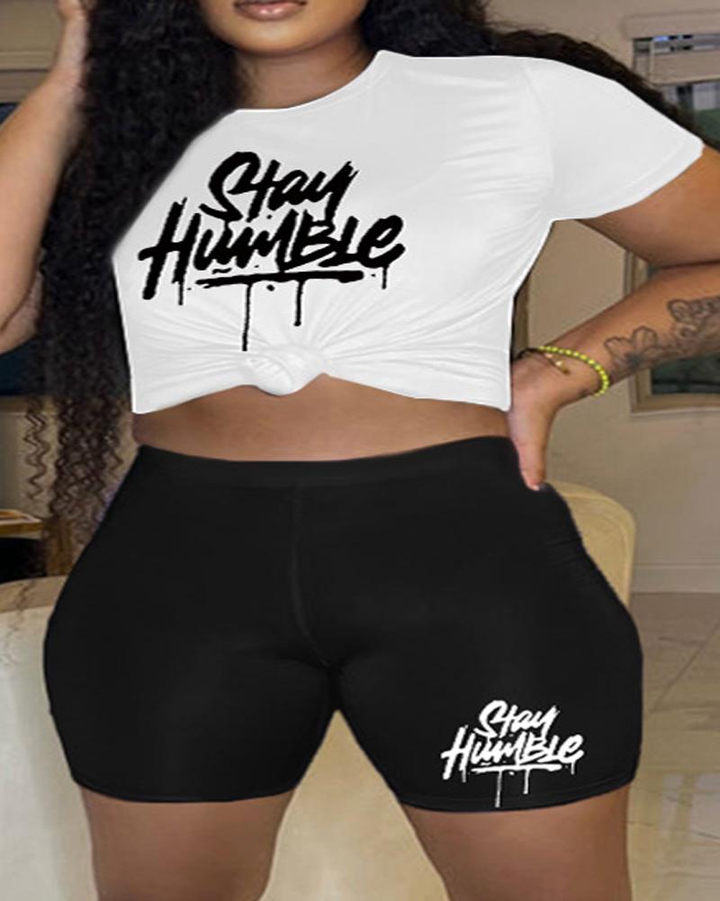 

Plus Size Stay Humble Print Casual Top & Shorts Set, Blackwhite