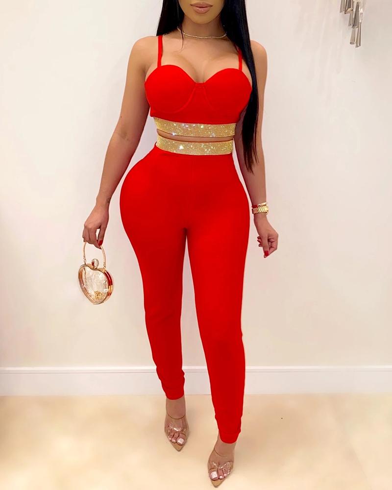 

Studded Crop Top & High Waist Skinny Pants Set, Red