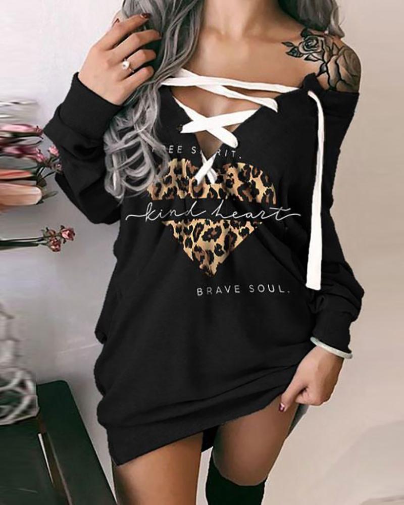 

Cheetah Heart Letter Print Lace-up Sweatshirt Dress, Black