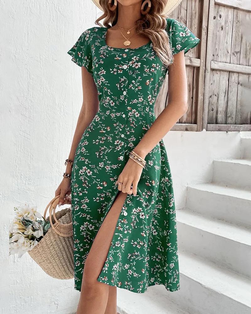 

Ditsy Floral Print Slit Casual Dress, Green