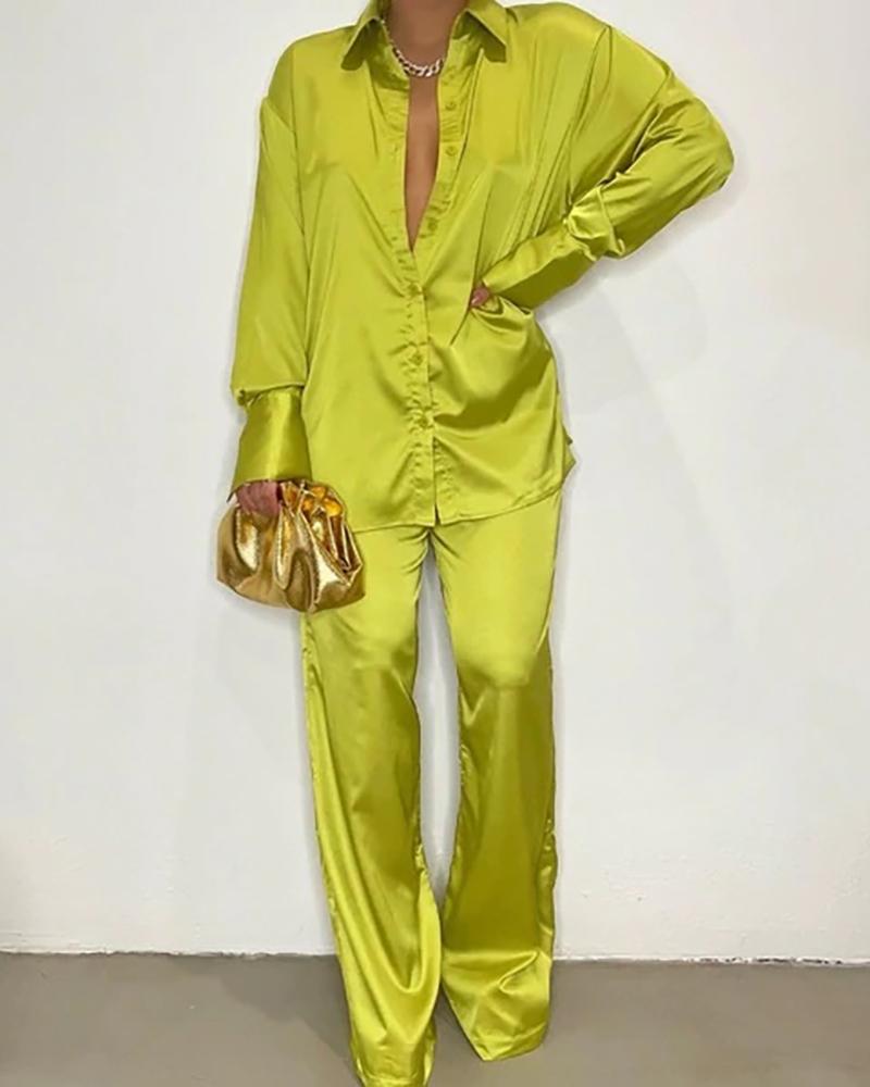 

Satin Buttoned Long Sleeve Shirt & High Waist Pants Set, Yellow