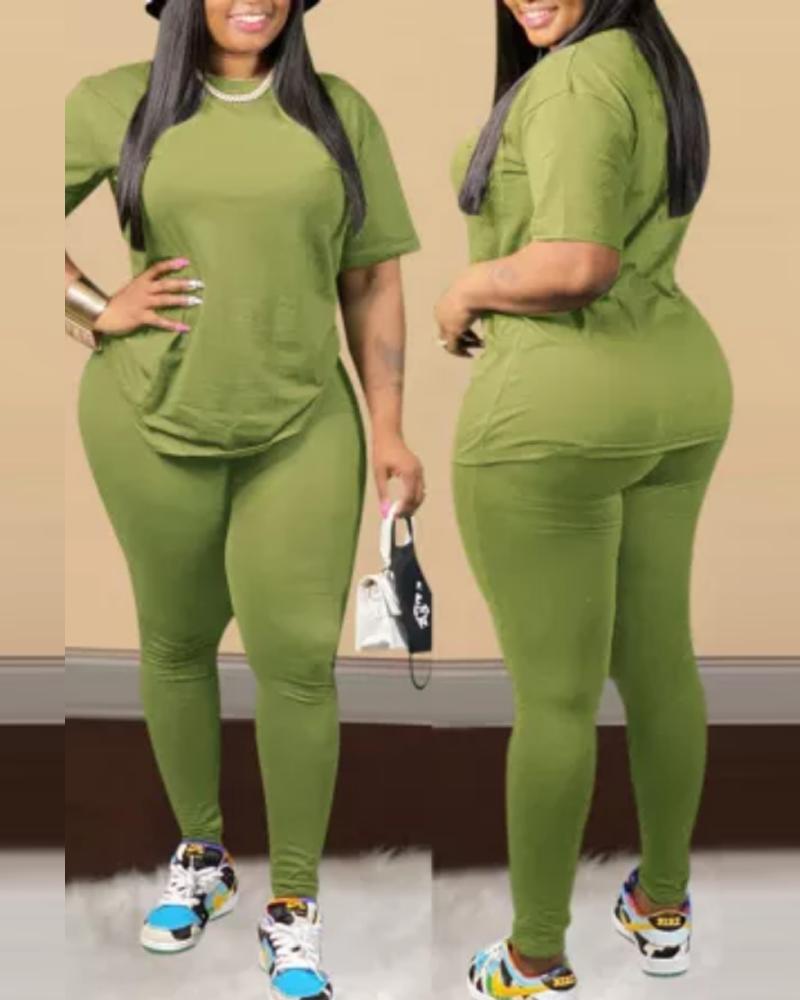 

Plus Size Plain Short Sleeve Casual Top & Pants Set, Green