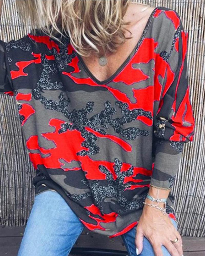 

V Neck Camouflage Print Top, Red