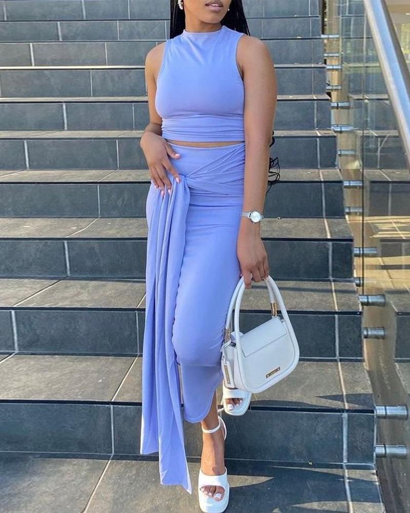 

O-Neck Sleeveless Top & Tied Detail Pants Set, Blue