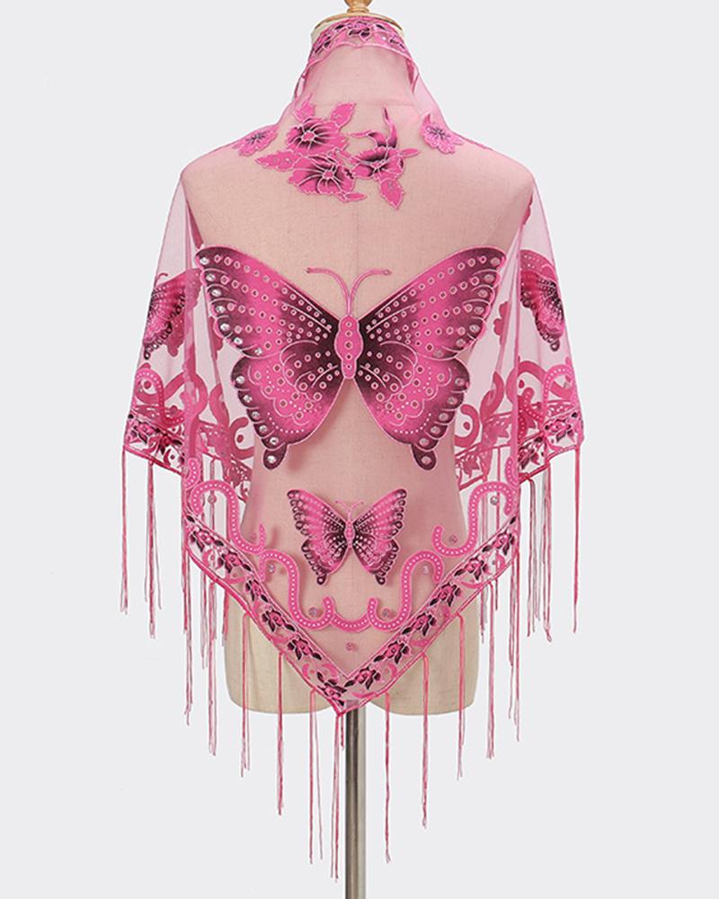

Triangle Scarf Butterfly Flower Embroidery Lace Tassel Shawl Elegant Breathable Windproof Wrap Outdoor Accessories, Hot pink