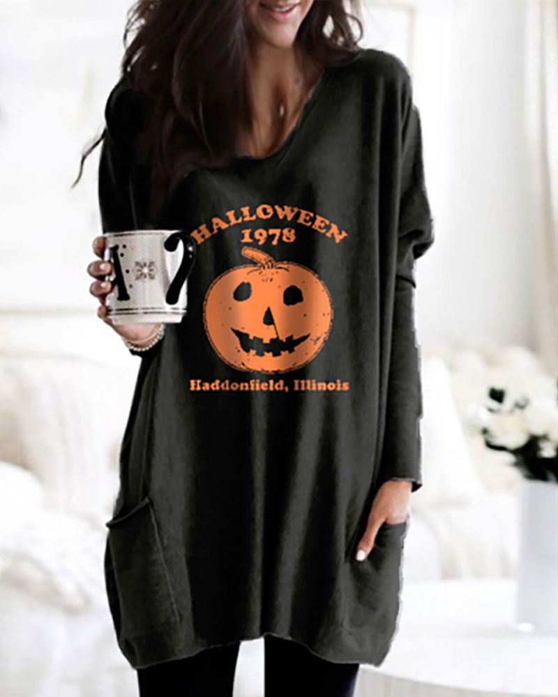 

Halloween Pumpkin Letter Print Long Sleeve Pocket Detail Sweatshirt, Black