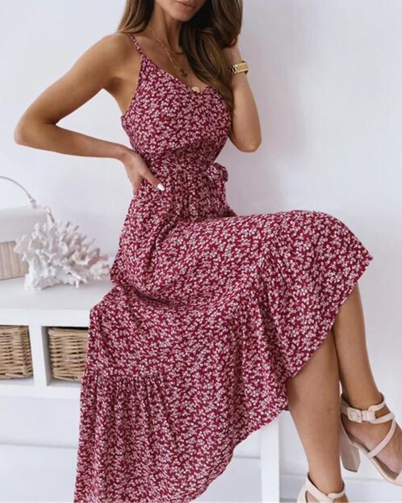 

Spaghetti Strap Ditsy Floral Print Maxi Dress, Red