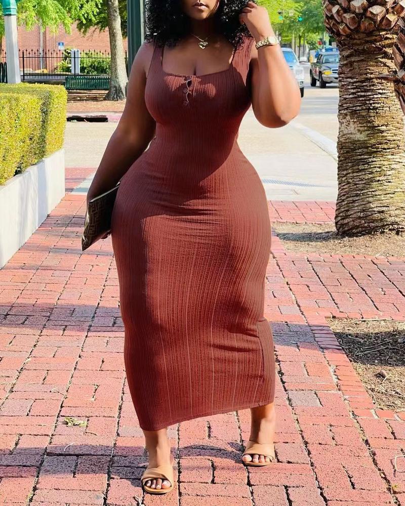 

Plus Size Button Front U-Neck Ribbed Tank Dress, Coffee