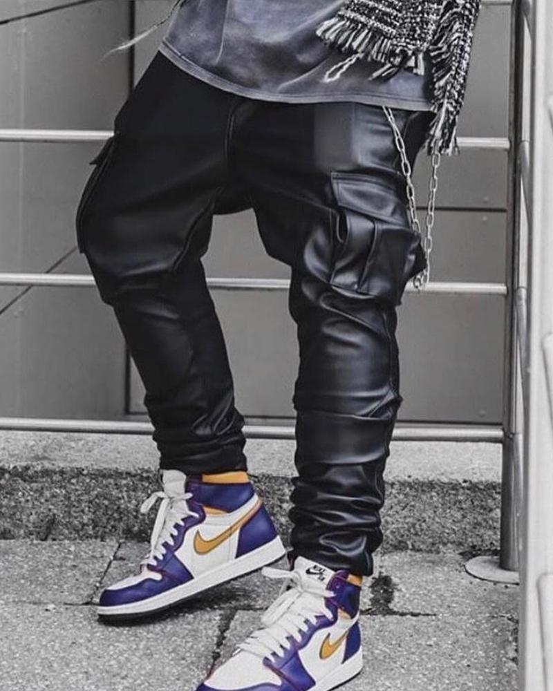 

Solid Fitting PU Hip Hop Pants, Black