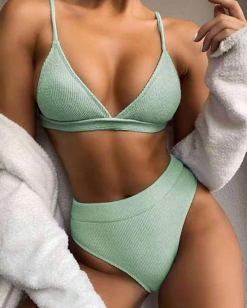

Solid Strap Bra With Panties Bikini Sets, Green