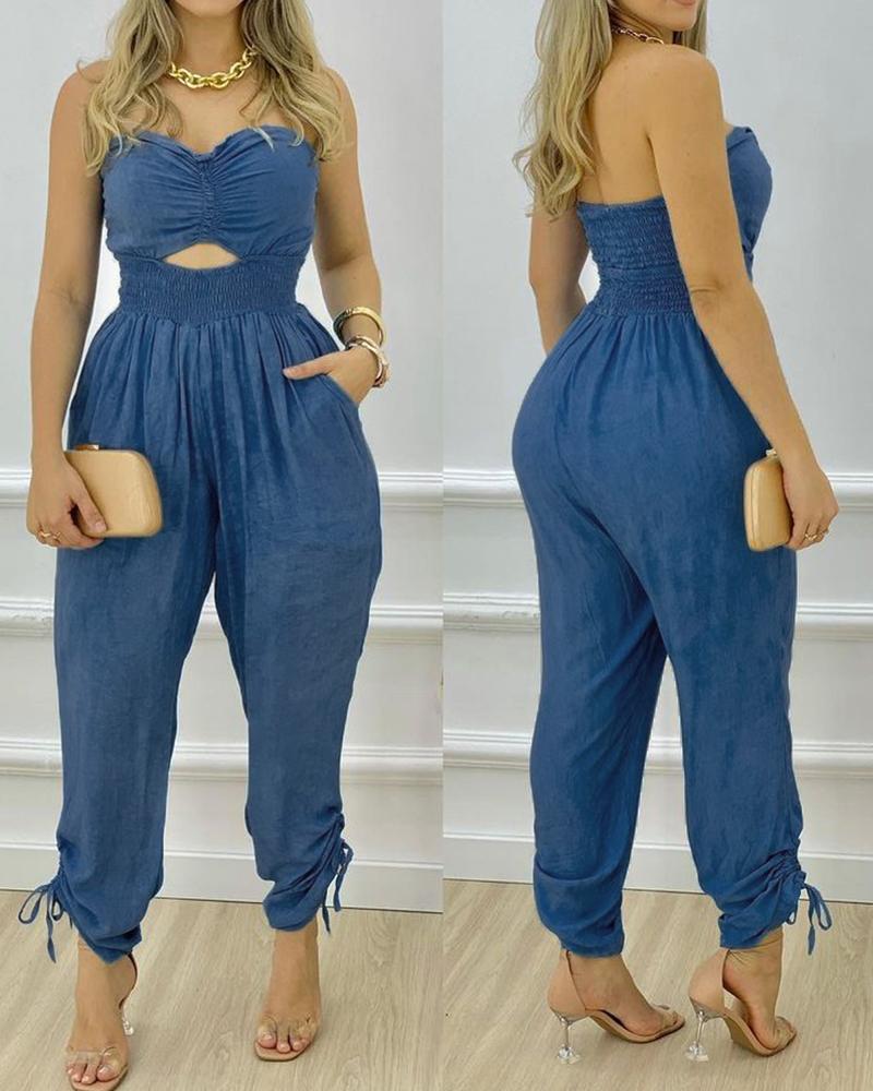 

Bandeau Cutout Shirred Pocket Design Jumpsuit, Dark blue