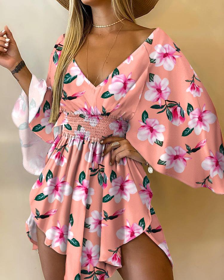 Floral Print V-Neck Batwing Sleeve Shirred Waist Mini Dress